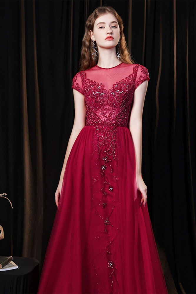 Look Amazing in this Burgundy Cap Sleeves Tulle Evening Gown with Beadings-BallBride