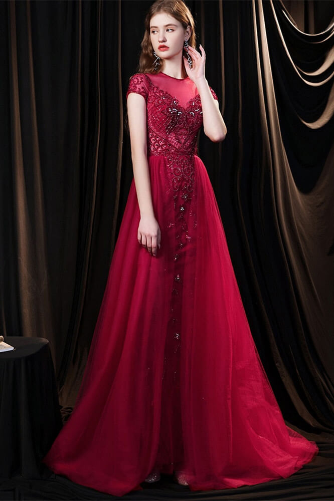 Look Amazing in this Burgundy Cap Sleeves Tulle Evening Gown with Beadings-BallBride
