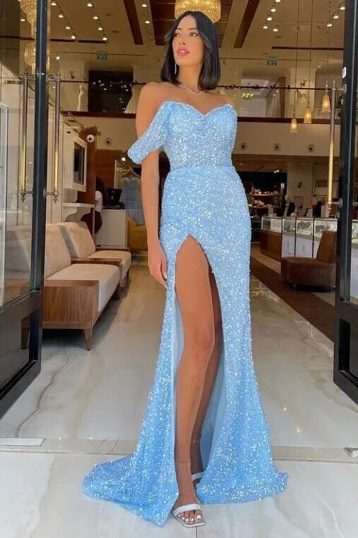 Look Classy in a Sky Blue Off-the-Shoulder Evening Dress with Sequins and a Slit-BallBride