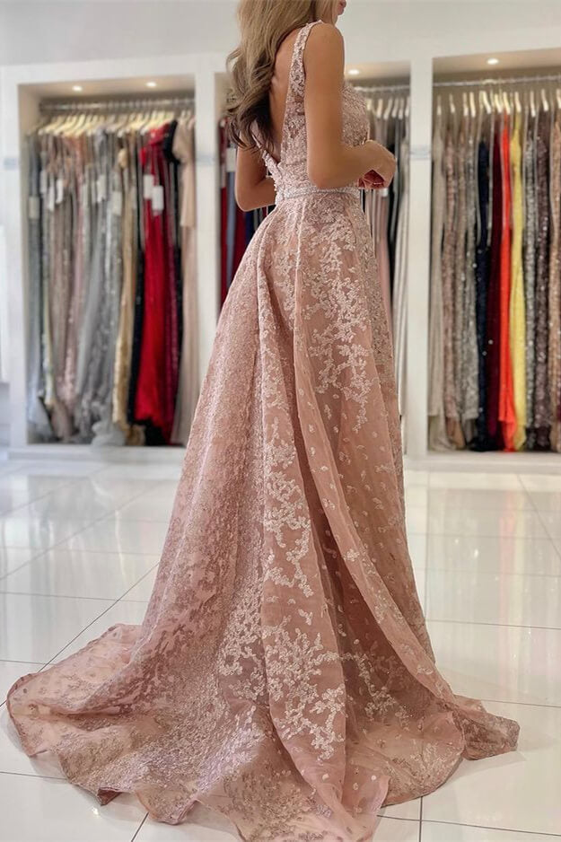 Look Classy in this Dusty Pink V-Neck Evening Dress with Sleeveless Lace Appliques Overskirt-BallBride