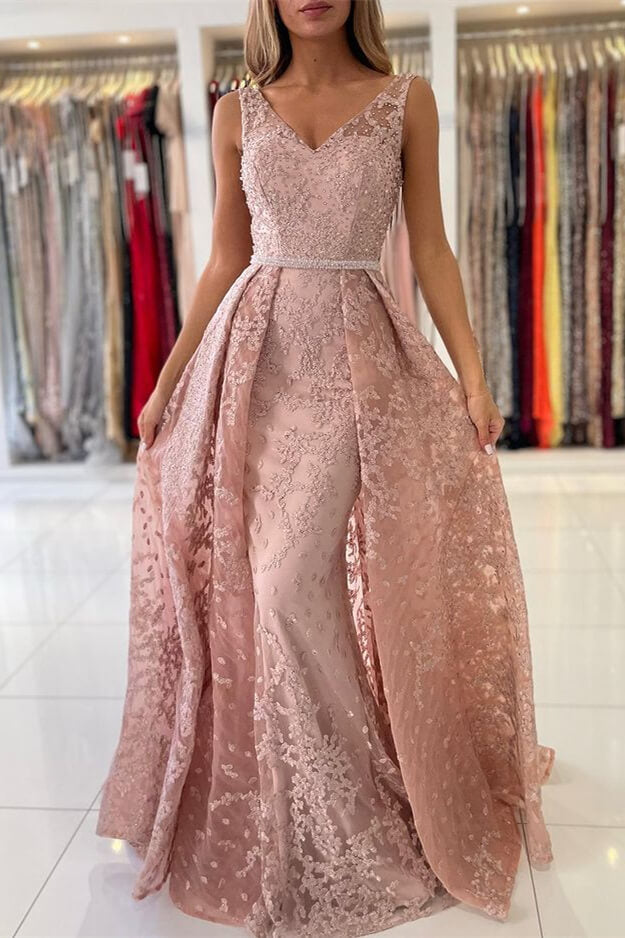 Look Classy in this Dusty Pink V-Neck Evening Dress with Sleeveless Lace Appliques Overskirt-BallBride