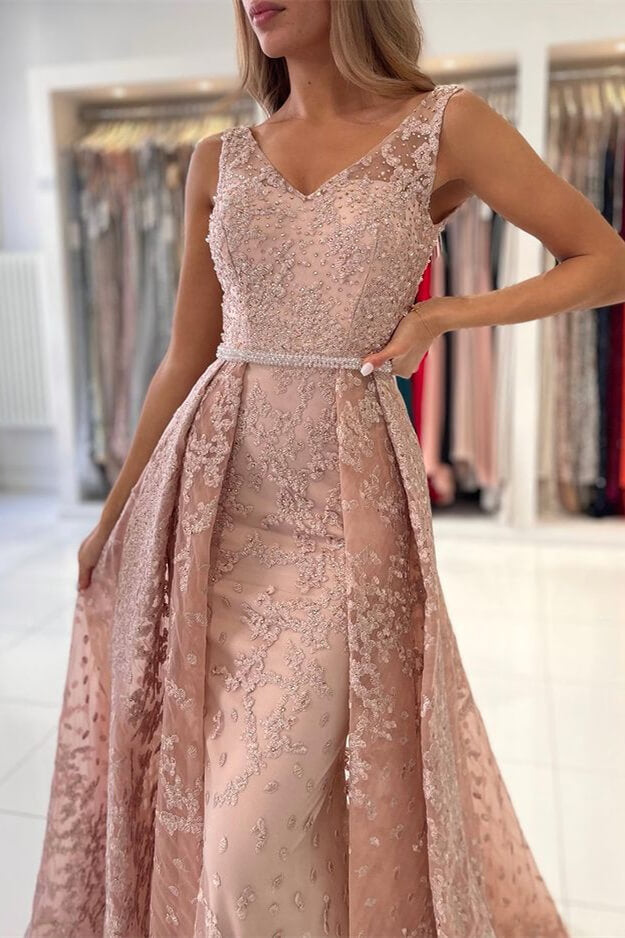 Look Classy in this Dusty Pink V-Neck Evening Dress with Sleeveless Lace Appliques Overskirt-BallBride