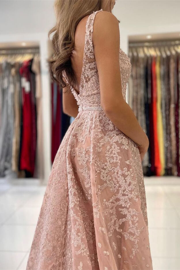 Look Classy in this Dusty Pink V-Neck Evening Dress with Sleeveless Lace Appliques Overskirt-BallBride