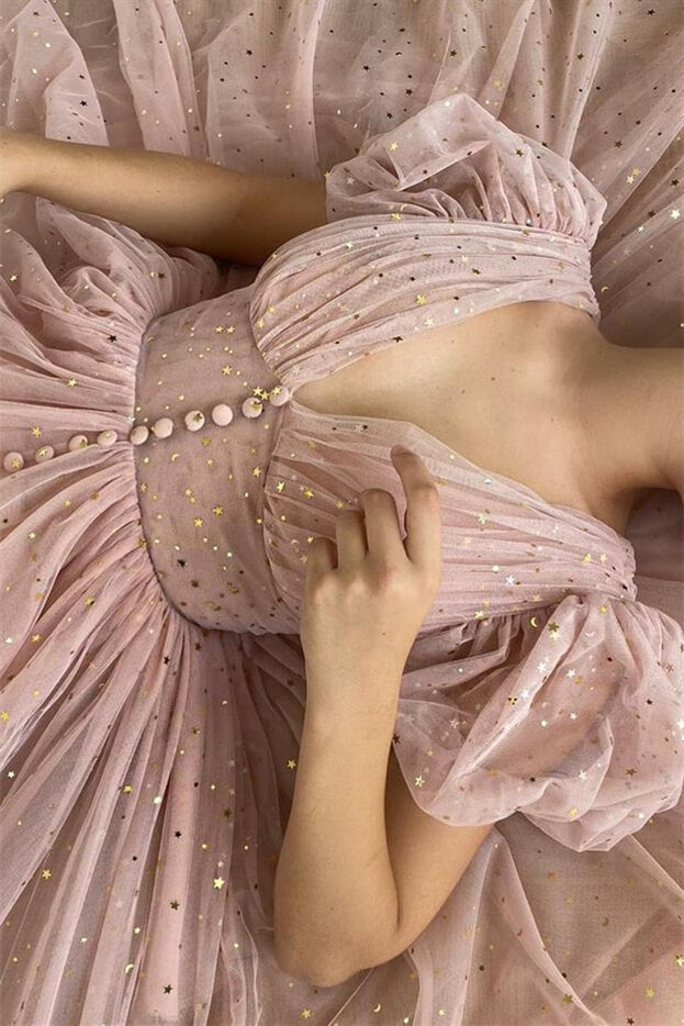Look Elegant in Pink V-Neck Short Sleeves Prom Dress with Sequins Taupe-BallBride