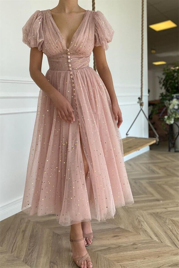 Look Elegant in Pink V-Neck Short Sleeves Prom Dress with Sequins Taupe-BallBride