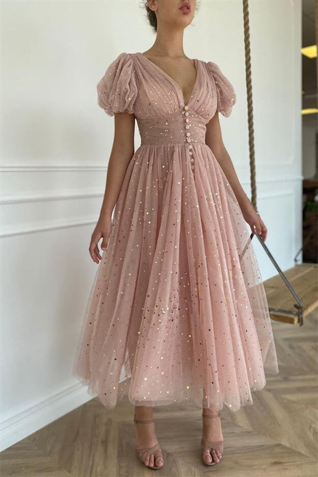 Look Elegant in Pink V-Neck Short Sleeves Prom Dress with Sequins Taupe-BallBride