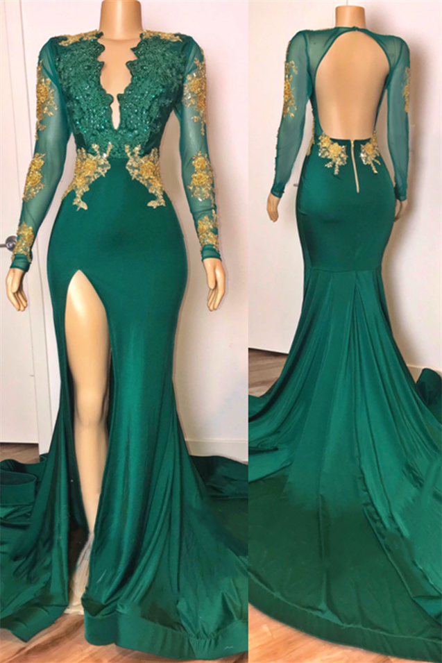 Look Fabulous in This Emerald Green Mermaid Prom Dress with Lace Appliques-BallBride