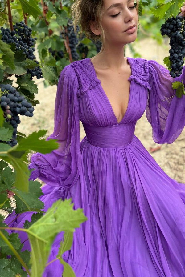 Look Fabulous in this Purple V-Neck Evening Dress with Long Sleeves and A-Line Design-BallBride