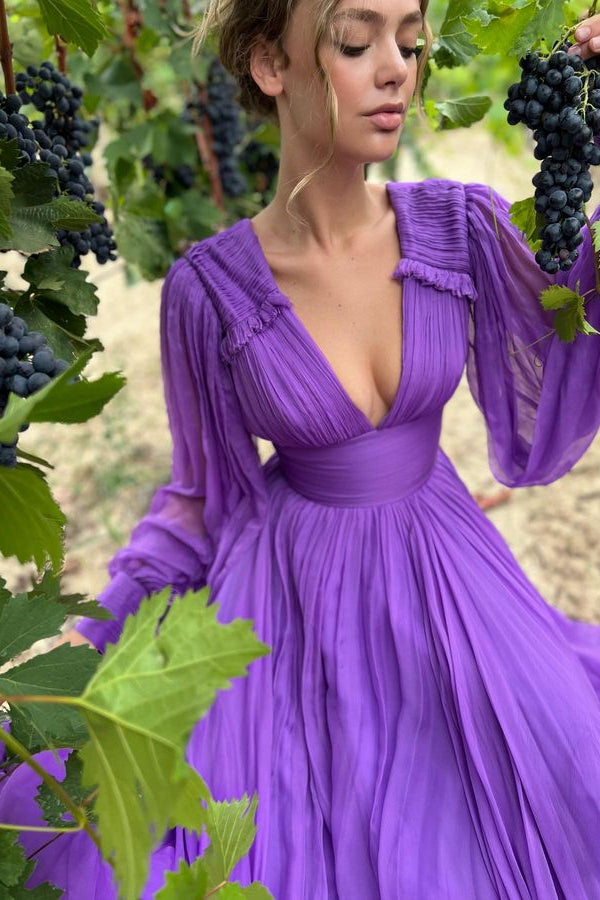 Look Fabulous in this Purple V-Neck Evening Dress with Long Sleeves and A-Line Design-BallBride