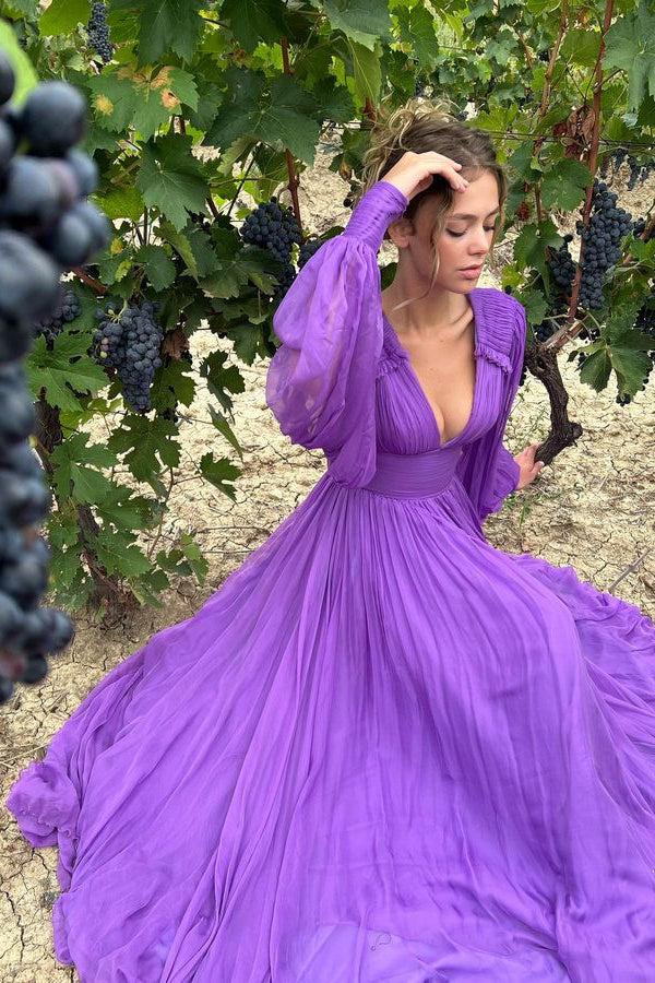 Look Fabulous in this Purple V-Neck Evening Dress with Long Sleeves and A-Line Design-BallBride