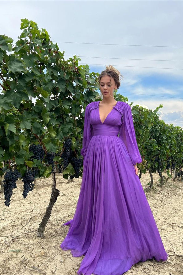 Look Fabulous in this Purple V-Neck Evening Dress with Long Sleeves and A-Line Design-BallBride