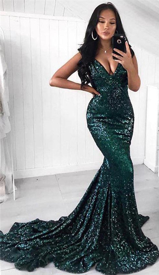 Look Glamorous in Dark Green Sequined Mermaid Prom Dress Online-BallBride