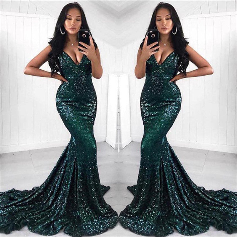 Look Glamorous in Dark Green Sequined Mermaid Prom Dress Online-BallBride
