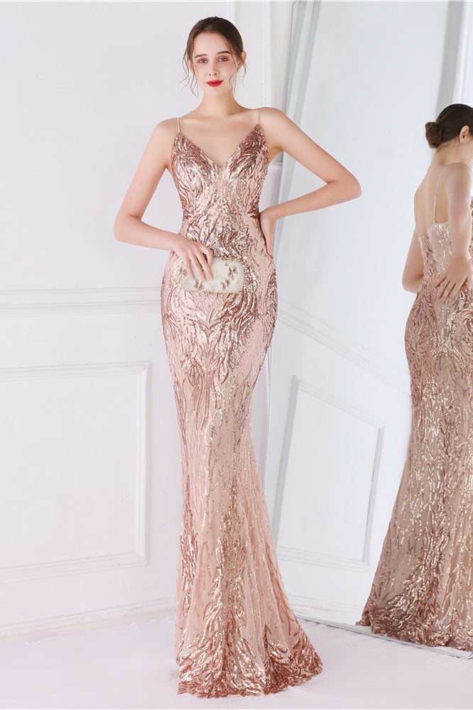 Look Gorgeous in a Chic V-Neck Mermaid Sequins Long Prom Dress On Sale-BallBride