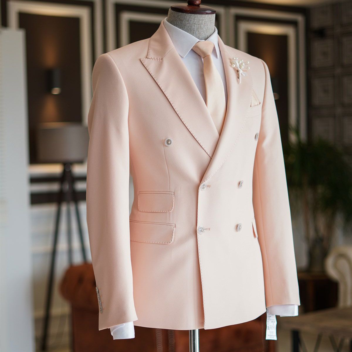 Look Gorgeous in a Pink Double Breasted Reception Suit with Peaked Lapel-BallBride