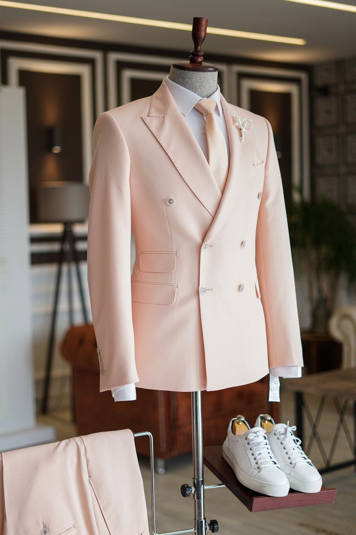 Look Gorgeous in a Pink Double Breasted Reception Suit with Peaked Lapel-BallBride
