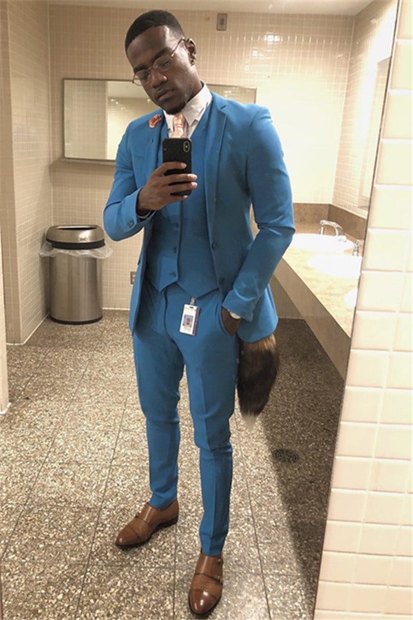 Look Sharp in 3 Piece Ocean Blue Homecoming Prom Suit For Boys With Notch Lapel-BallBride
