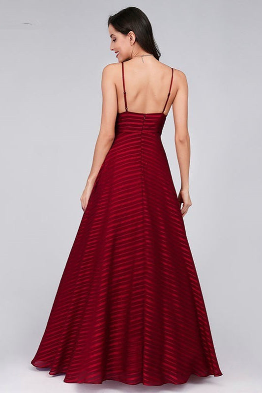 Look Stunning in Burgundy Spaghetti-Strap Evening Gown-BallBride