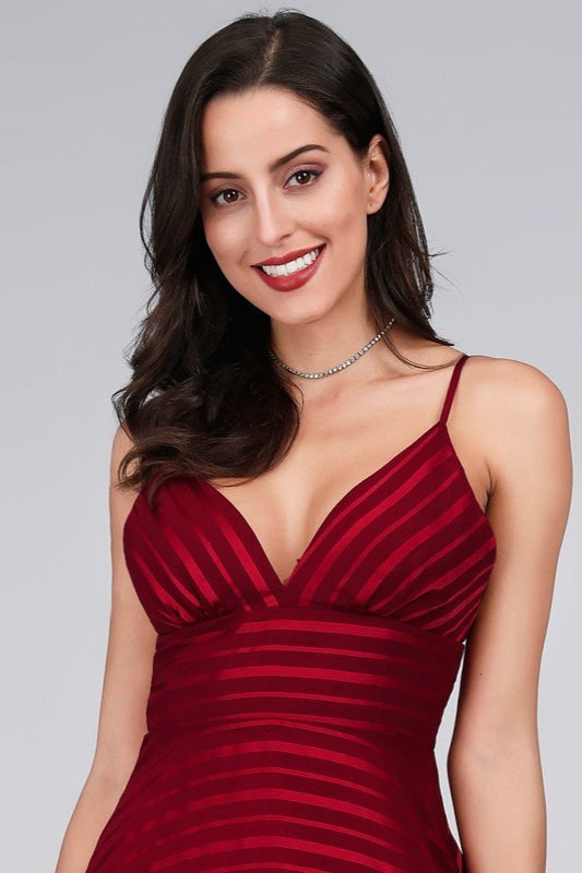 Look Stunning in Burgundy Spaghetti-Strap Evening Gown-BallBride