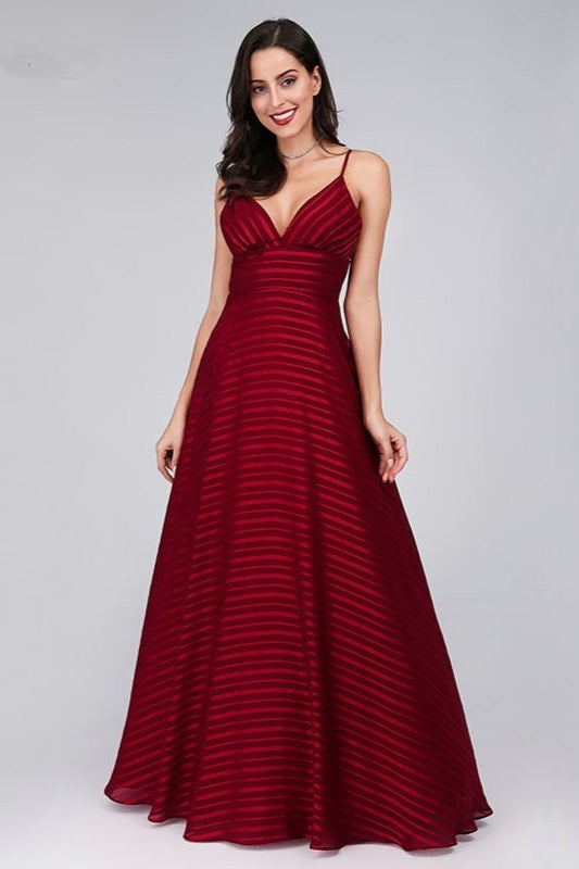 Look Stunning in Burgundy Spaghetti-Strap Evening Gown-BallBride