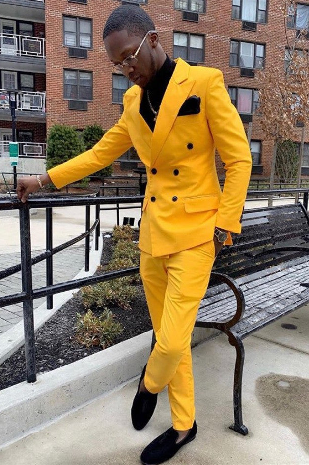 Look Stunning in New Arrive Double Breasted Yellow Best Wedding Suit for Groom With Peaked Lapel-BallBride