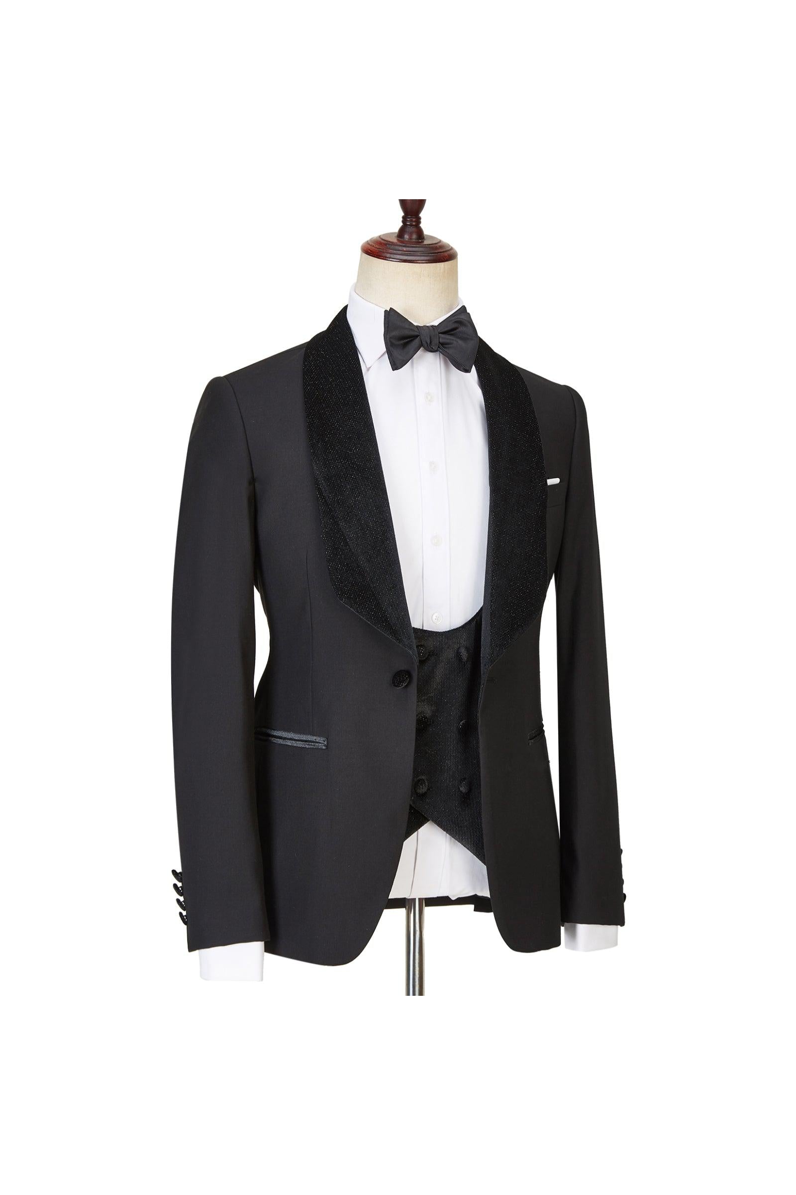 Look Stylish with Jose Modern Three Pieces Black Shawl Lapel Sparkle Men Wedding Suits-BallBride