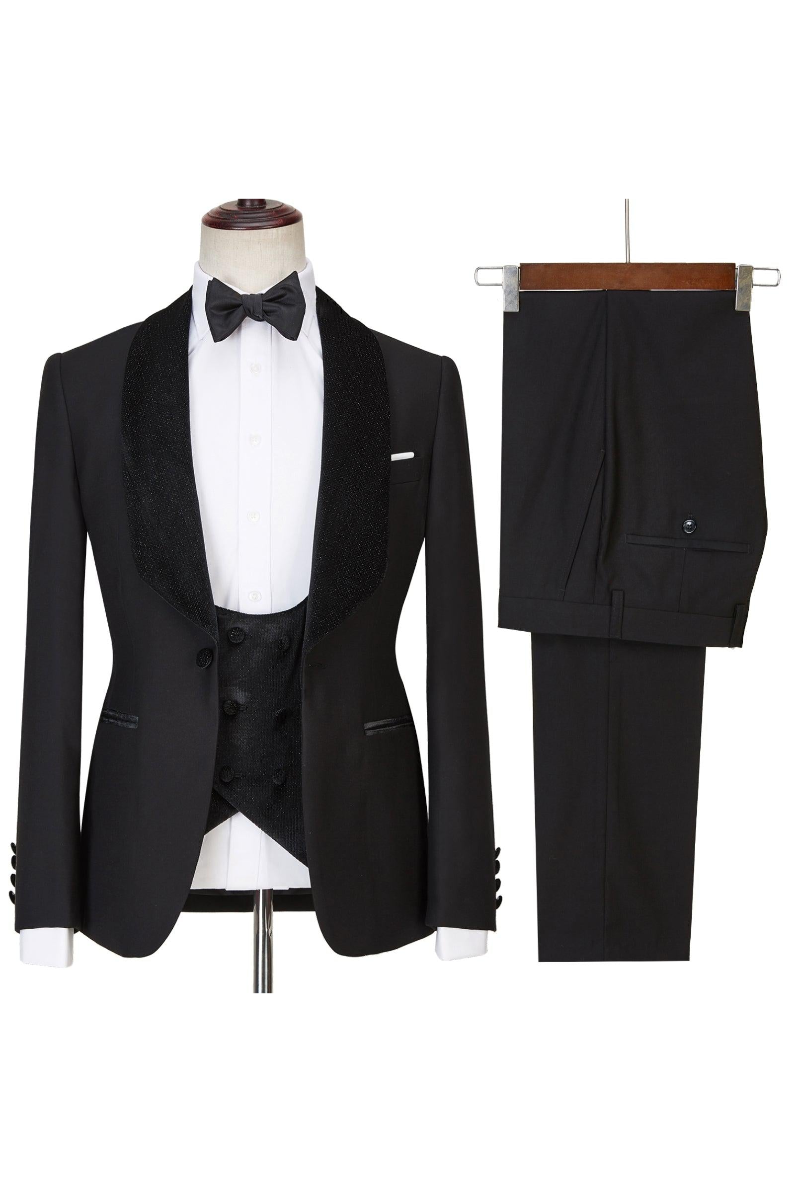 Look Stylish with Jose Modern Three Pieces Black Shawl Lapel Sparkle Men Wedding Suits-BallBride