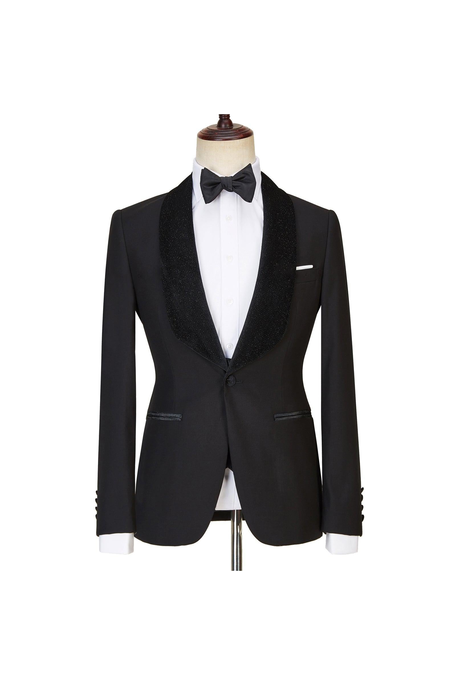 Look Stylish with Jose Modern Three Pieces Black Shawl Lapel Sparkle Men Wedding Suits-BallBride