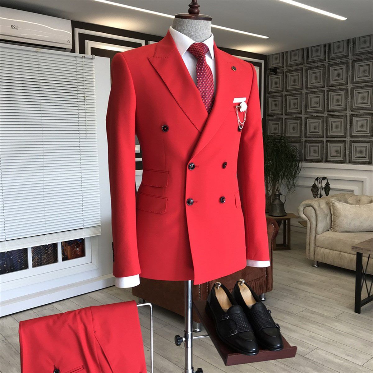 Look Your Best on Your Big Day with Double Breasted Red Wedding Suit-BallBride