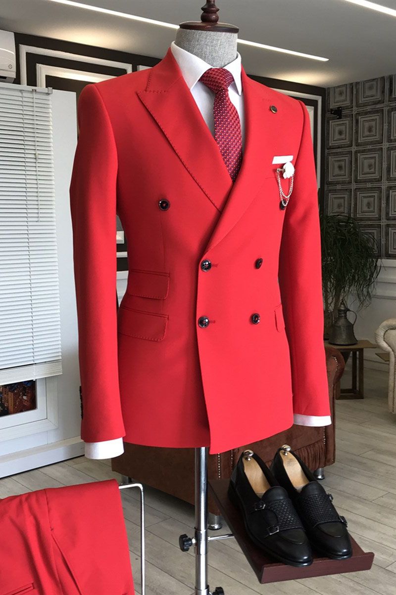 Look Your Best on Your Big Day with Double Breasted Red Wedding Suit-BallBride