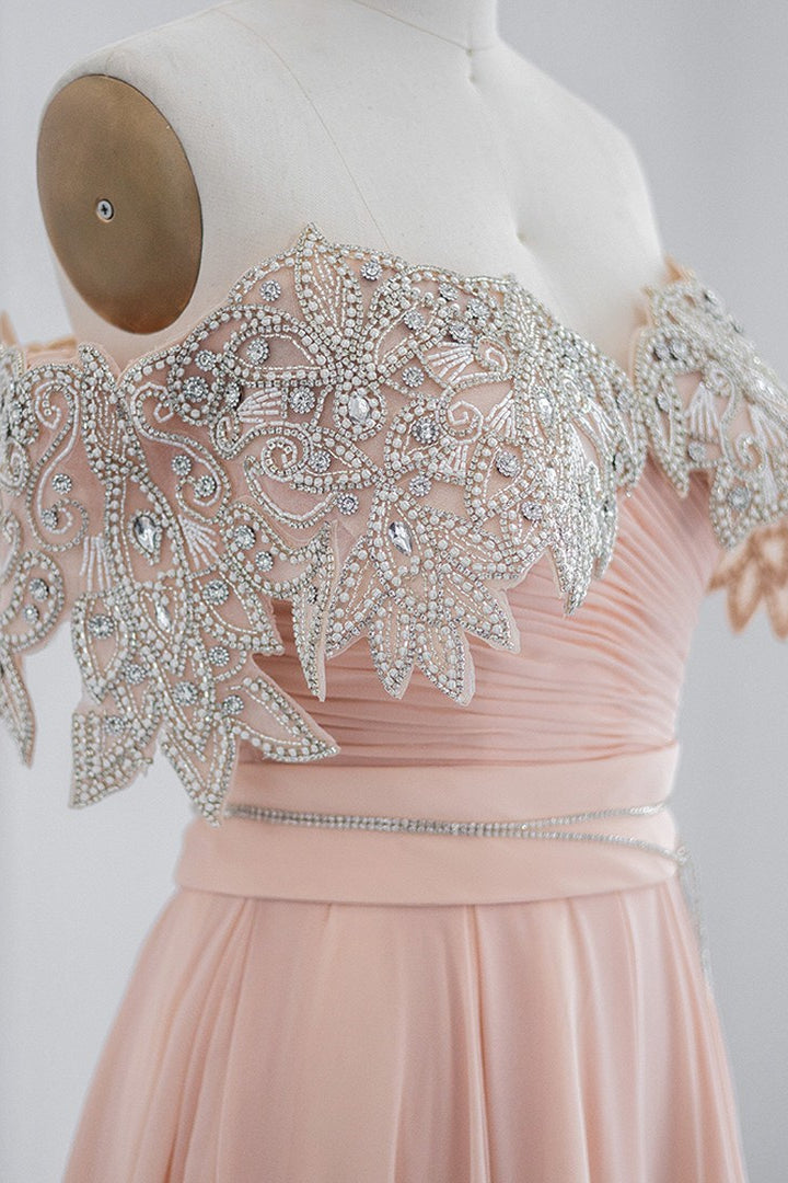 Lotus Off The Shoulder A Line Evening Dress with Chiffon Appliques-BallBride