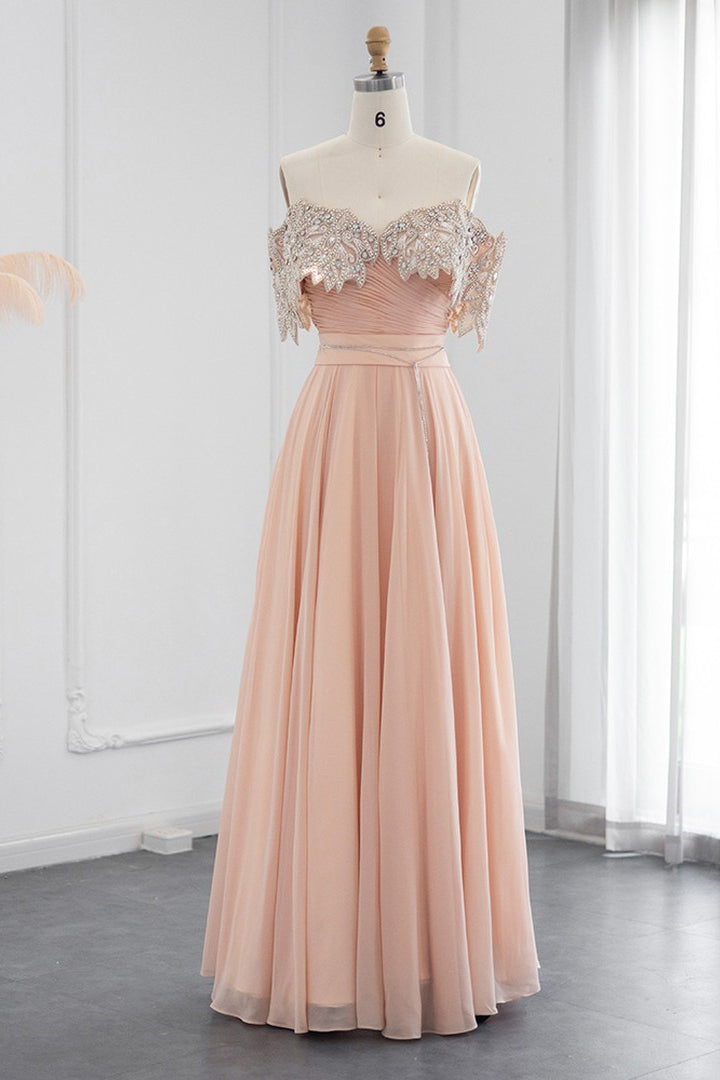 Lotus Off The Shoulder A Line Evening Dress with Chiffon Appliques-BallBride