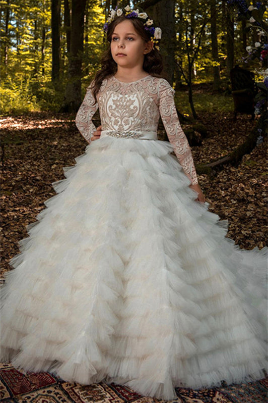Lovely Lace Appliques Tulle Flower Girl Dress with Long Sleeves-BallBride