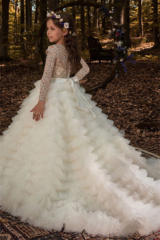 Lovely Lace Appliques Tulle Flower Girl Dress with Long Sleeves-BallBride