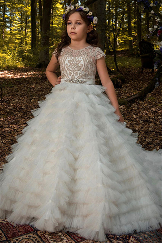 Lovely Lace Appliques Tulle Flower Girl Dress with Long Sleeves-BallBride