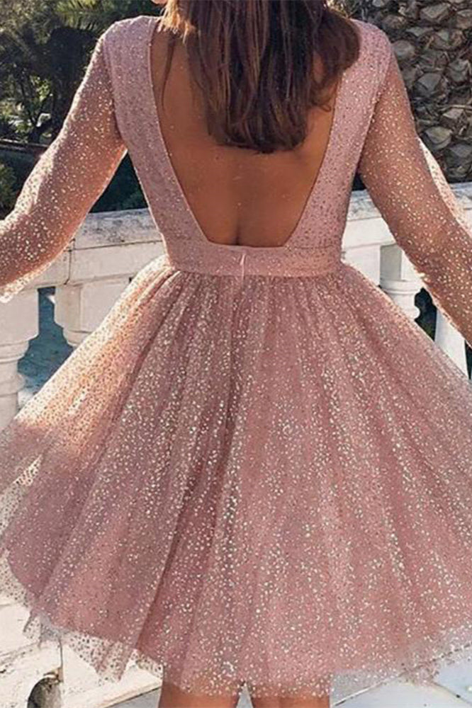 Lovely Pink Crystal Sequins Homecoming Dress with Long Sleeves - Short Prom Dress Online-BallBride