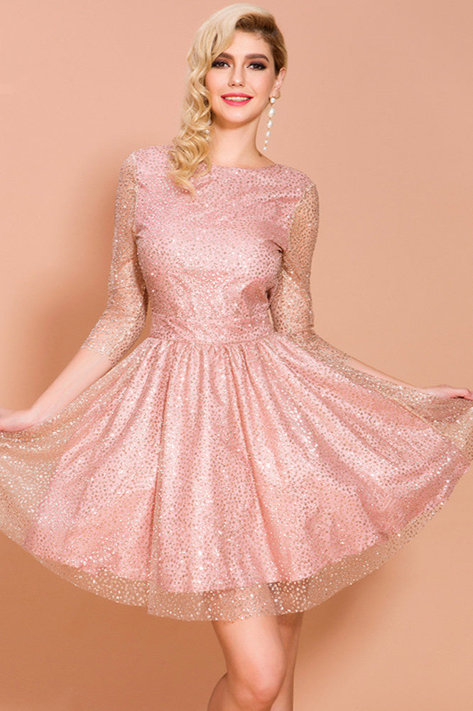Lovely Pink Crystal Sequins Homecoming Dress with Long Sleeves - Short Prom Dress Online-BallBride