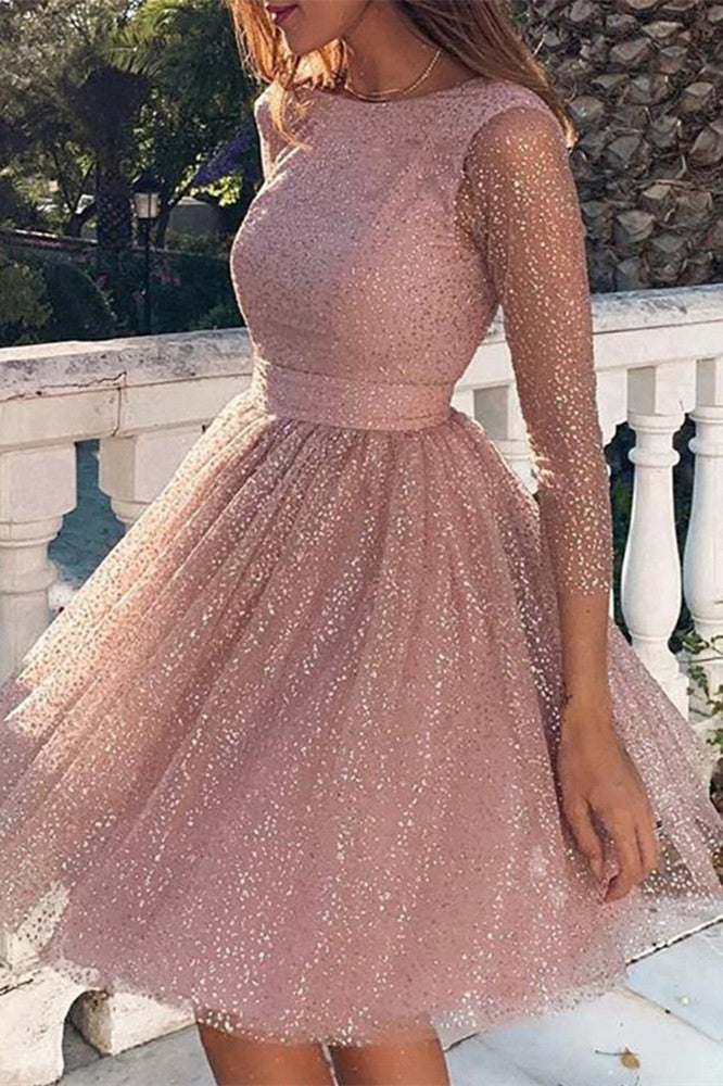 Lovely Pink Crystal Sequins Homecoming Dress with Long Sleeves - Short Prom Dress Online-BallBride