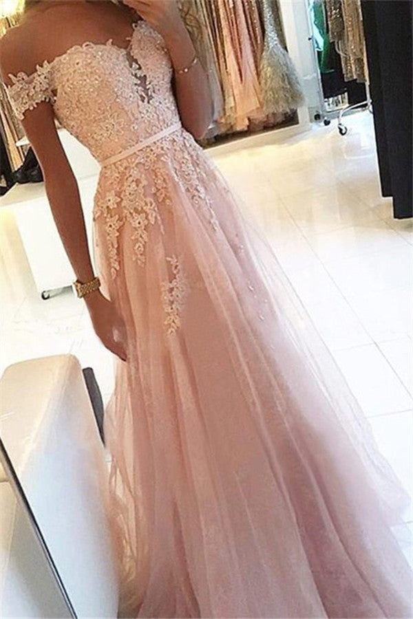 Lovely Pink Off Shoulder Tulle Appliques A-Line Prom Dress-BallBride