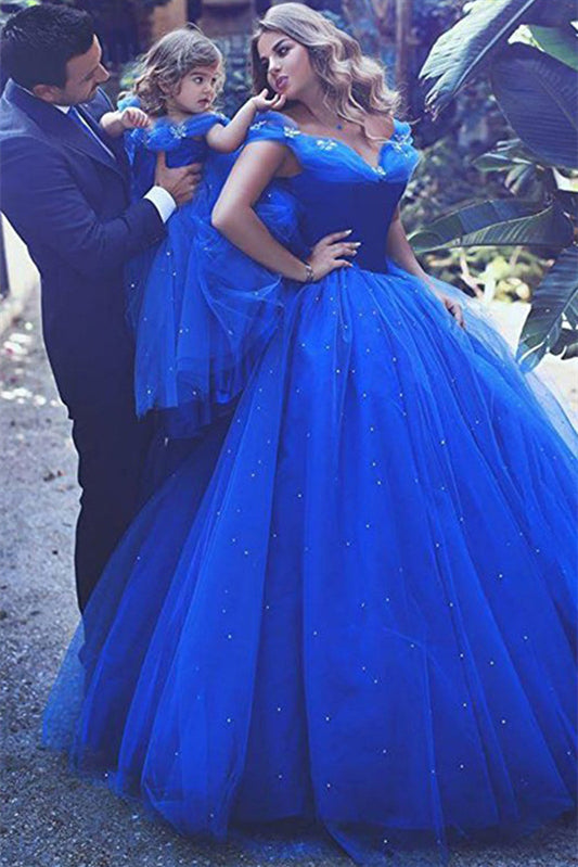 Lovely Royal Blue Off-the-Shoulder Tulle Flower Girl Dress On Sale-BallBride