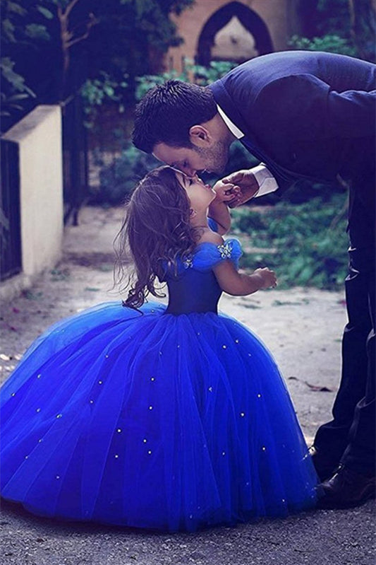 Lovely Royal Blue Off-the-Shoulder Tulle Flower Girl Dress On Sale-BallBride