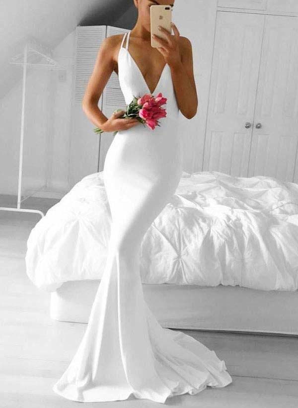 Low Back Mermaid Fitted Wedding Dresses Hot Deep V-Neck-BallBride