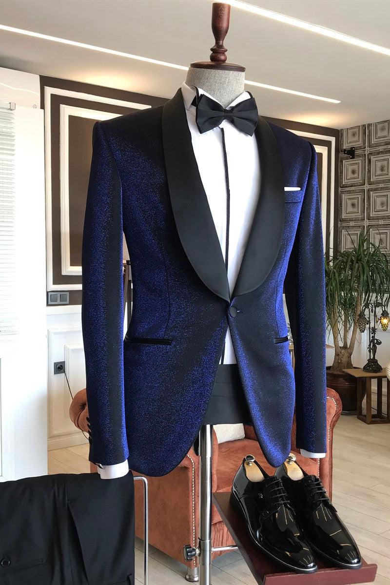 Luciano Navy Blue Sparkly Shawl Lapel Wedding Suits with Black Lapel-BallBride
