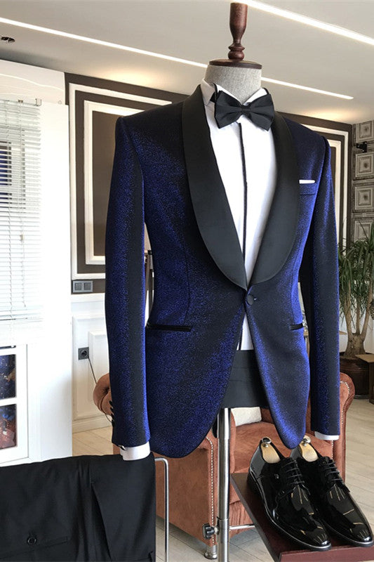Luciano Navy Blue Sparkly Shawl Lapel Wedding Suits with Black Lapel-BallBride