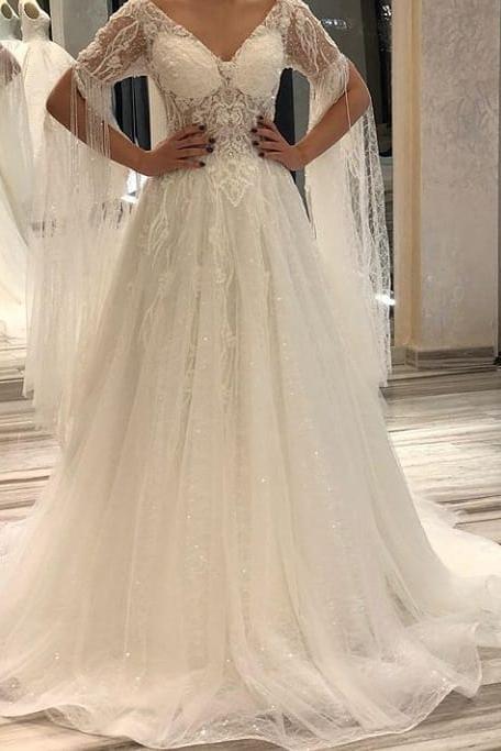 Luxurious A-Line Deep V-neck Short Sleeves Backless Floor-length Wedding Dress with Appliques Lace and Pearls-BallBride