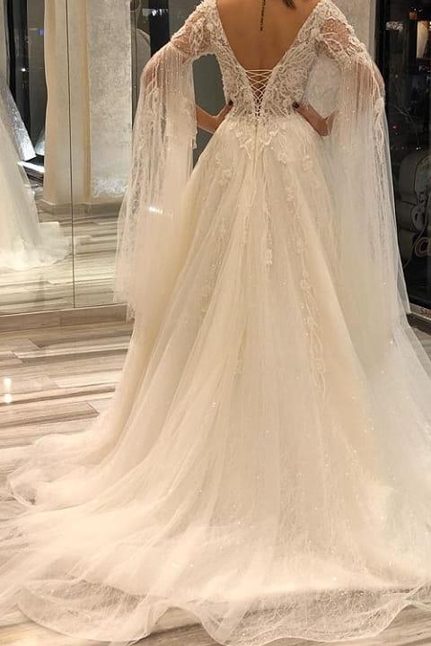 Luxurious A-Line Deep V-neck Short Sleeves Backless Floor-length Wedding Dress with Appliques Lace and Pearls-BallBride