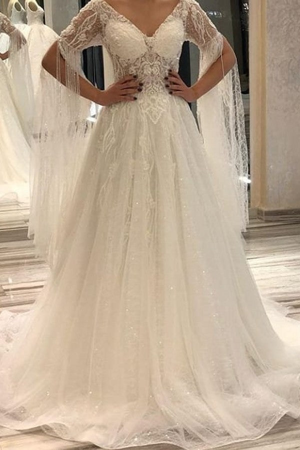 Luxurious A-Line Deep V-neck Short Sleeves Backless Floor-length Wedding Dress with Appliques Lace and Pearls-BallBride