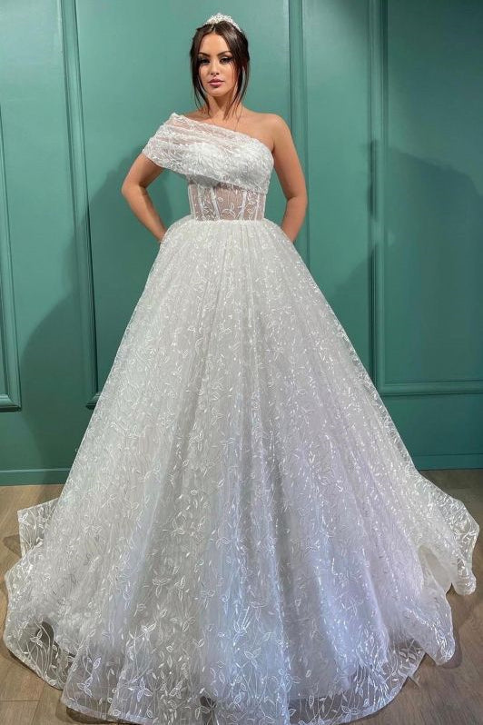 Luxurious A-Line Lace Wedding Dress with One Shoulder-BallBride