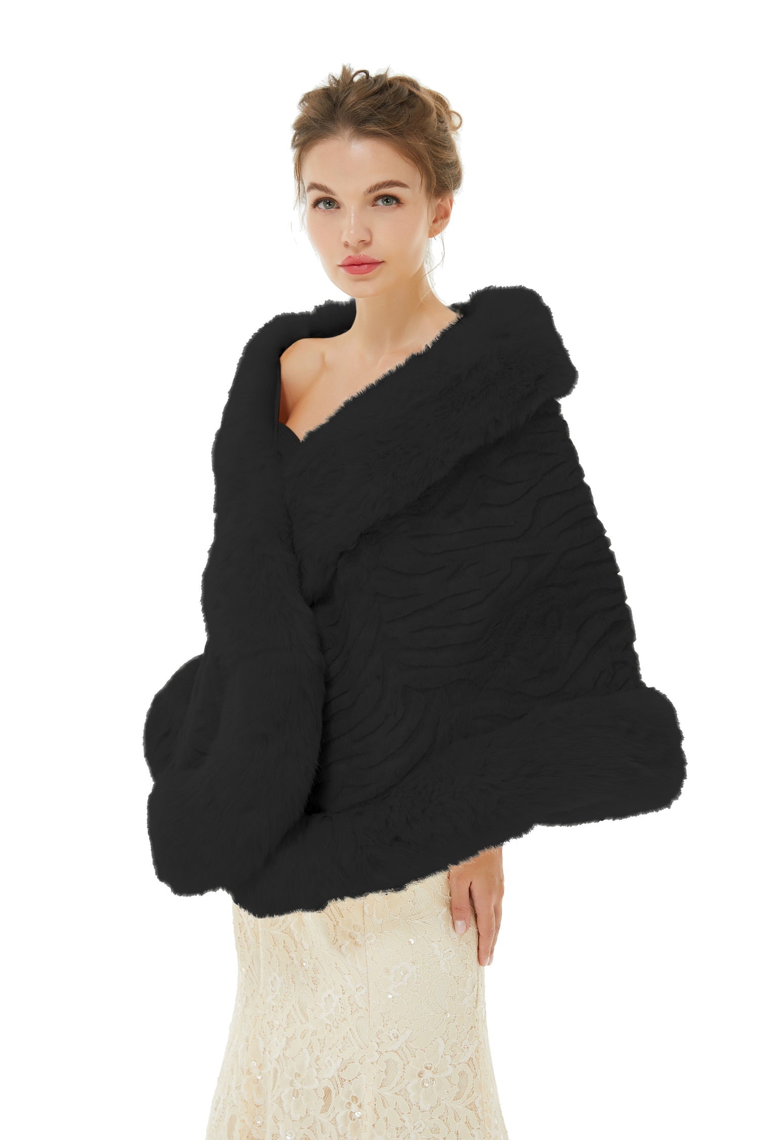 Luxurious Black Faux Fur Wrap for Winter Weddings-BallBride