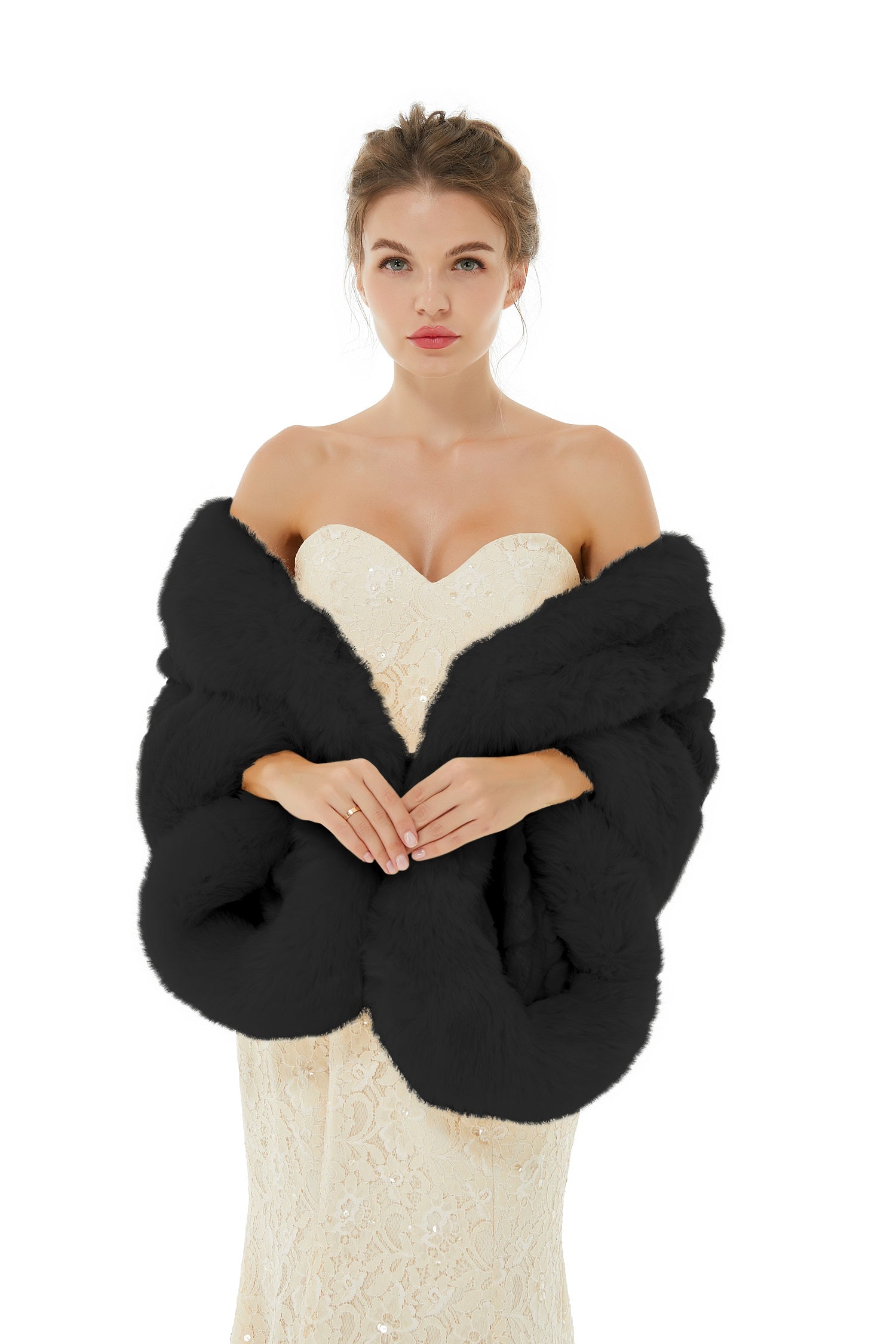 Luxurious Black Faux Fur Wrap for Winter Weddings-BallBride